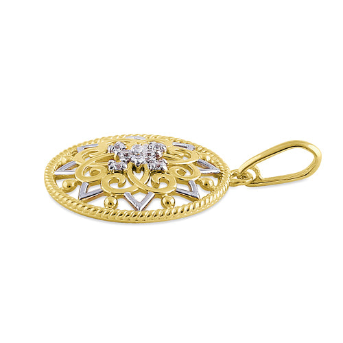 Solid 14K Yellow Gold Ornate Flower Shield CZ Pendant