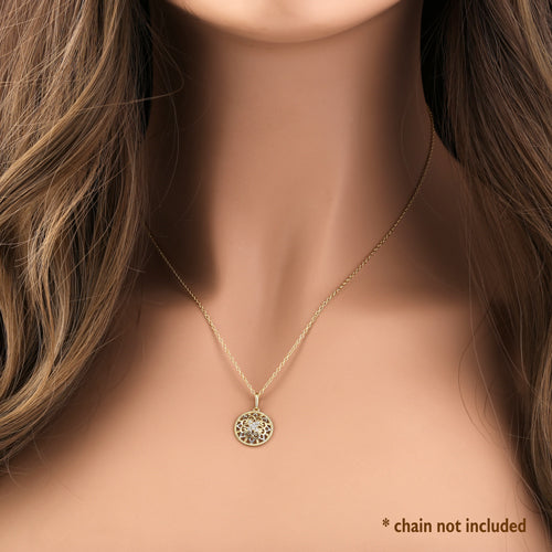Solid 14K Yellow Gold Ornate Flower Shield CZ Pendant