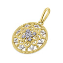 Solid 14K Yellow Gold Ornate Flower Shield CZ Pendant