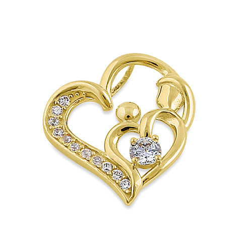Solid 14K Yellow Gold Mother and Child Heart CZ Pendant