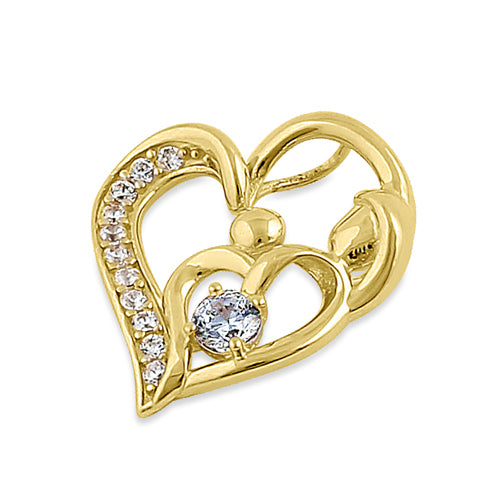 Solid 14K Yellow Gold Mother and Child Heart CZ Pendant