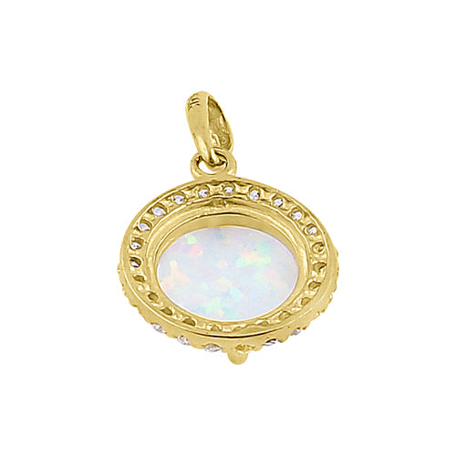 Solid 14K Yellow Gold Halo Oval White Lab Opal CZ Pendant