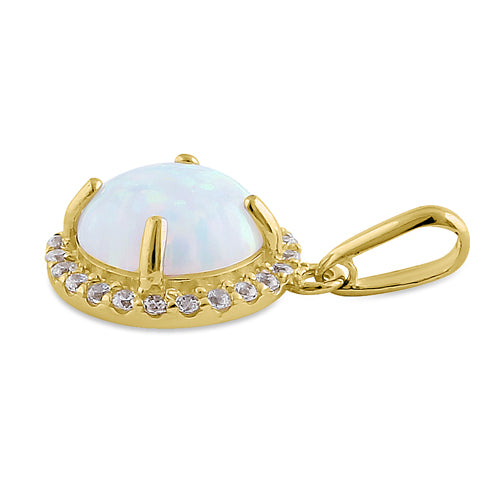Solid 14K Yellow Gold Halo Oval White Lab Opal CZ Pendant