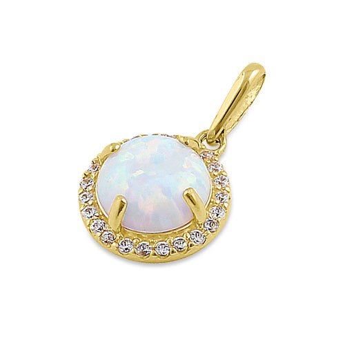 Solid 14K Yellow Gold Halo Oval White Lab Opal CZ Pendant