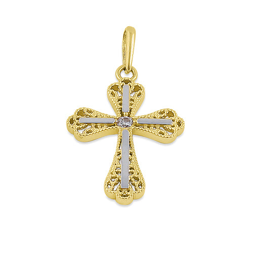 Solid 14K Yellow Gold White Gold Plated Double Vintage Cross CZ Pendant