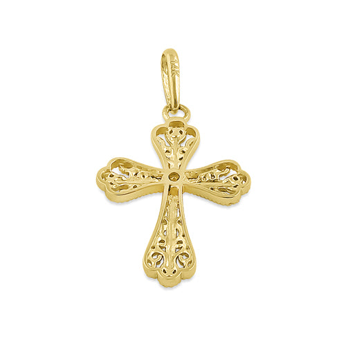 Solid 14K Yellow Gold White Gold Plated Double Vintage Cross CZ Pendant