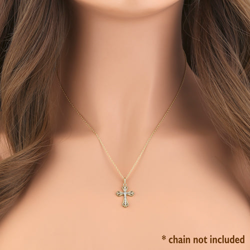 Solid 14K Yellow Gold White Gold Plated Double Vintage Cross CZ Pendant