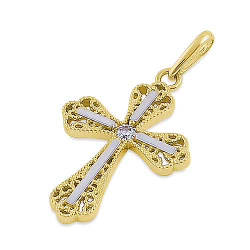 Solid 14K Yellow Gold White Gold Plated Double Vintage Cross CZ Pendant