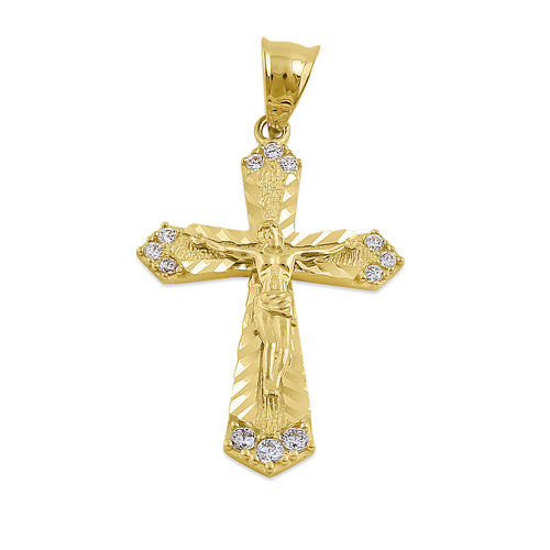 Solid 14K Yellow Gold Jesus Christ on Cross CZ Pendant