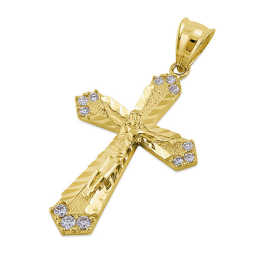 Solid 14K Yellow Gold Jesus Christ on Cross CZ Pendant