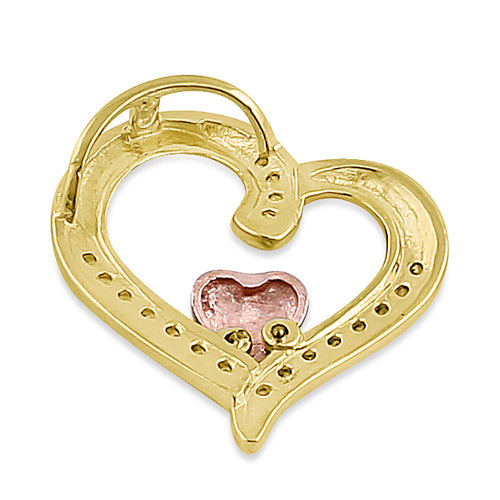 Solid 14K Yellow Gold Rose Gold Plated Inner Heart CZ Pendant