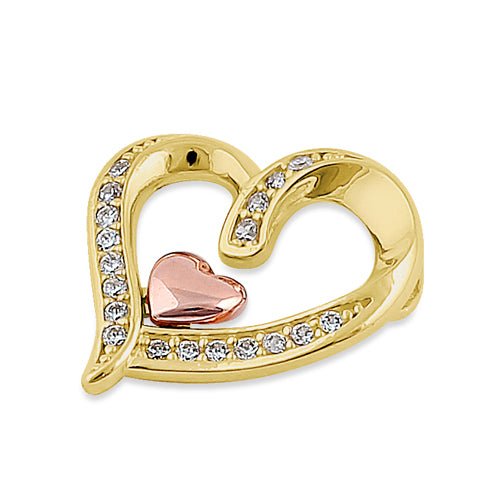 Solid 14K Yellow Gold Rose Gold Plated Inner Heart CZ Pendant