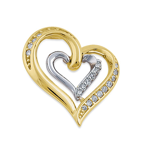 Solid 14K Yellow Gold White Gold Plated Inner Heart CZ Pendant