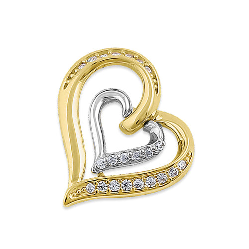 Solid 14K Yellow Gold White Gold Plated Inner Heart CZ Pendant