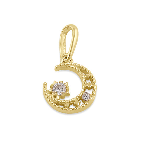 Solid 14K Gold Crescent Moon CZ Pendant