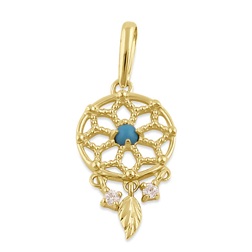 Solid 14K Gold Dreamcatcher CZ and Turquoise Pendant