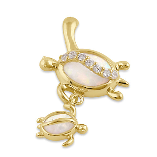 Solid 14K Gold Turtle Mom and Baby CZ and White Opal Pendant