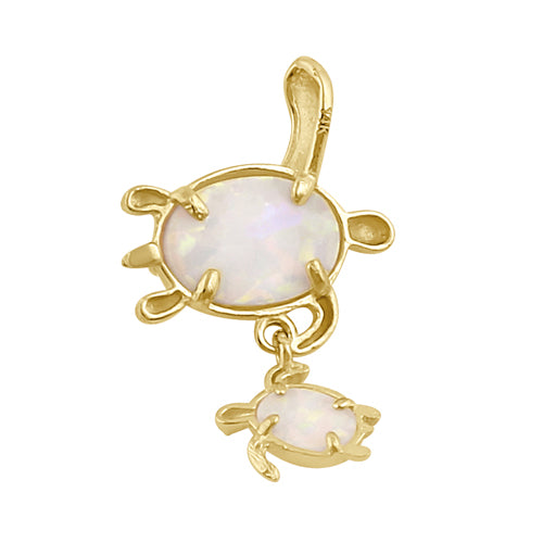 Solid 14K Gold Turtle Mom and Baby CZ and White Opal Pendant