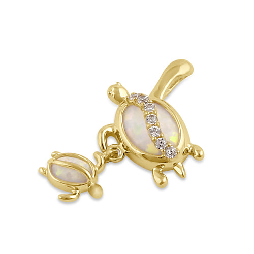 Solid 14K Gold Turtle Mom and Baby CZ and White Opal Pendant