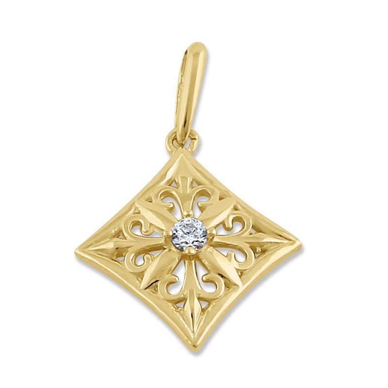 Solid 14K Gold Filigree Diamond with Clear CZ Pendant