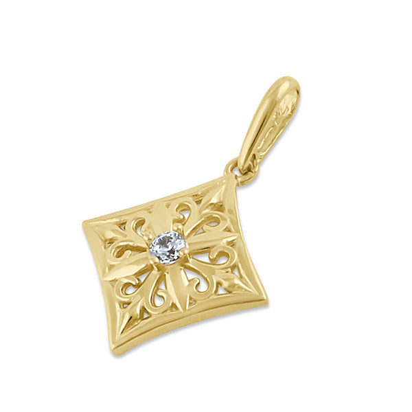 Solid 14K Gold Filigree Diamond with Clear CZ Pendant