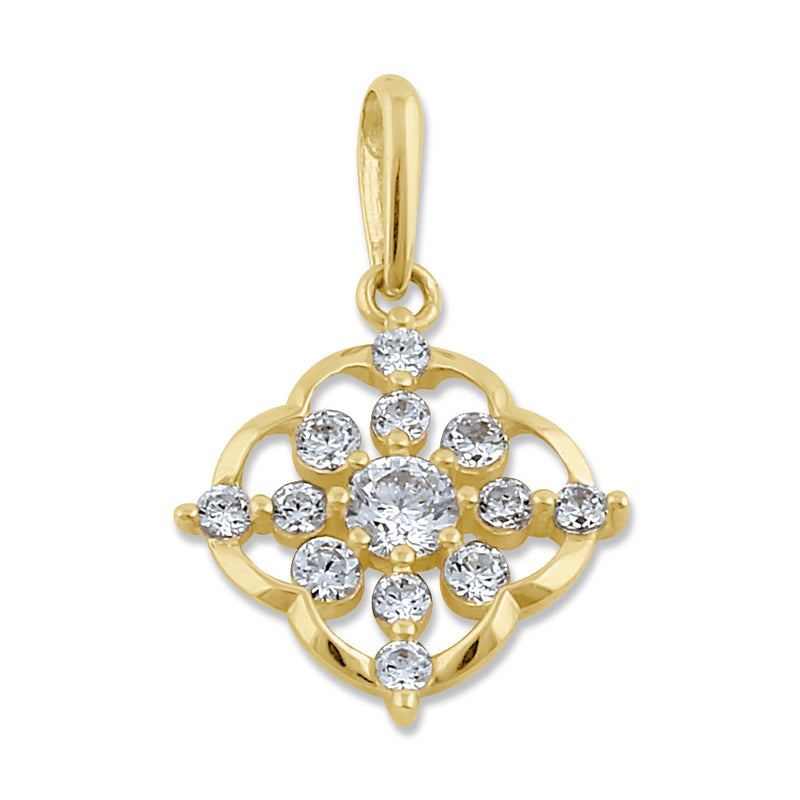 Solid 14K Gold Floral with Clear CZ Pendant