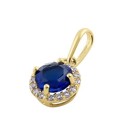 Solid 14K Yellow Gold Halo Round Blue Sapphire CZ Pendant