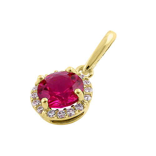 Solid 14K Yellow Gold Halo Round Ruby CZ Pendant