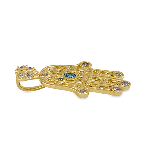 Solid 14K Gold Turquoise and Clear CZ Hamsa Pendant