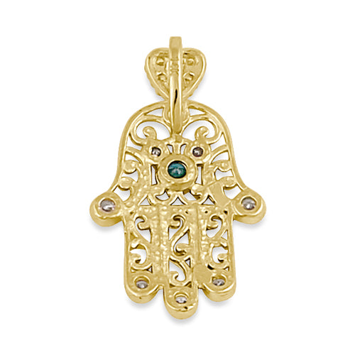 Solid 14K Gold Turquoise and Clear CZ Hamsa Pendant