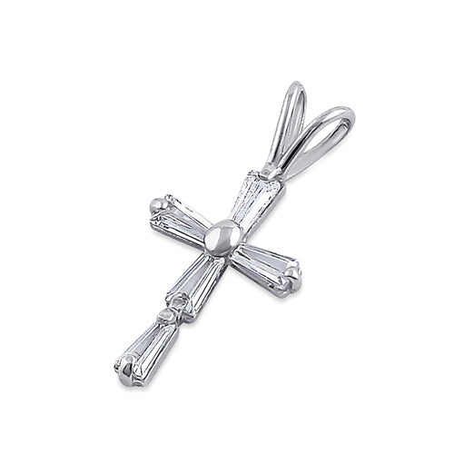 Solid 14K White Gold Baguette Straight Clear CZ Cross Pendant