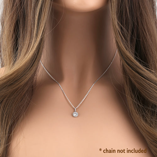 Solid 14K White Gold Round Halo Clear CZ Pendant