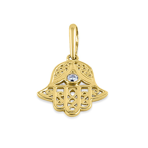 Solid 14K Yellow Gold Hamsa CZ Pendant