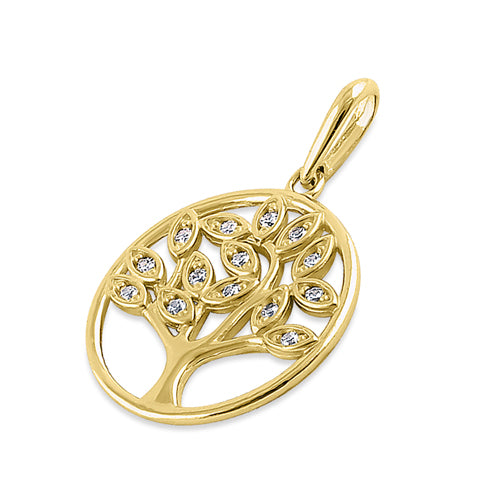 Solid 14K Yellow Gold Plain Tree of Life CZ Pendant