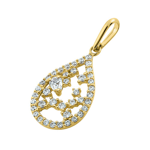 Solid 14K Yellow Gold Floral Pattern Drop Shaped CZ Pendant
