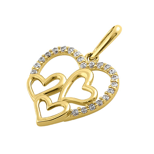 Solid 14K Yellow Gold Quad Heart CZ Pendant