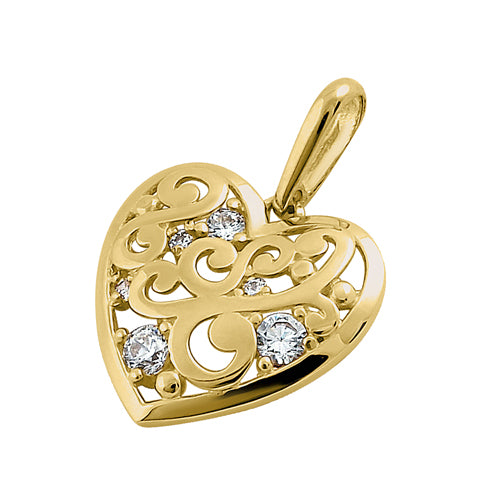 Solid 14K Yellow Gold Filigree Heart CZ Pendant