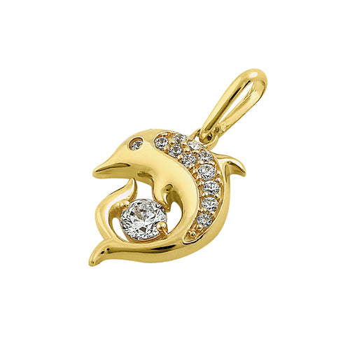 Solid 14K Yellow Gold Dolphin CZ Pendant