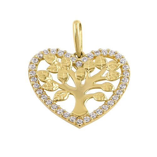 Solid 14k Gold Tree of Life in Heart CZ Pendant