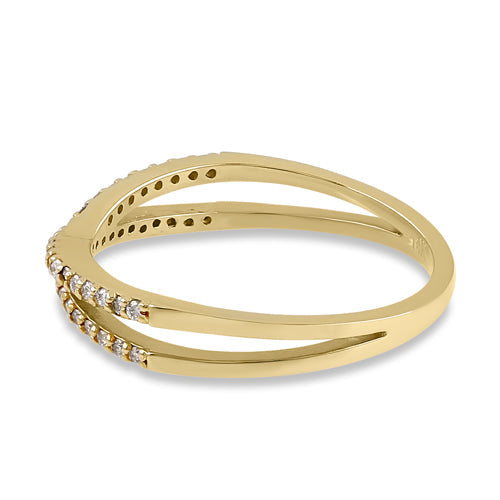 Solid 14K Yellow Gold Thin Trendy X Crossover Diamond Ring