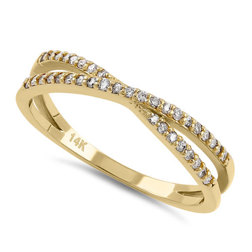 Solid 14K Yellow Gold Thin Trendy X Crossover Diamond Ring