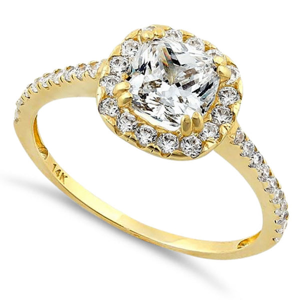 Solid 14K Yellow Gold Cushion Halo Engagement Clear CZ Ring