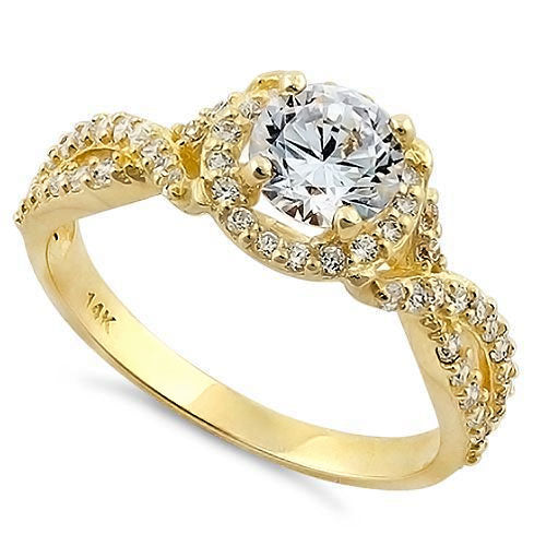 Solid 14K Yellow Gold Twist Round Halo Engagement Clear CZ Ring