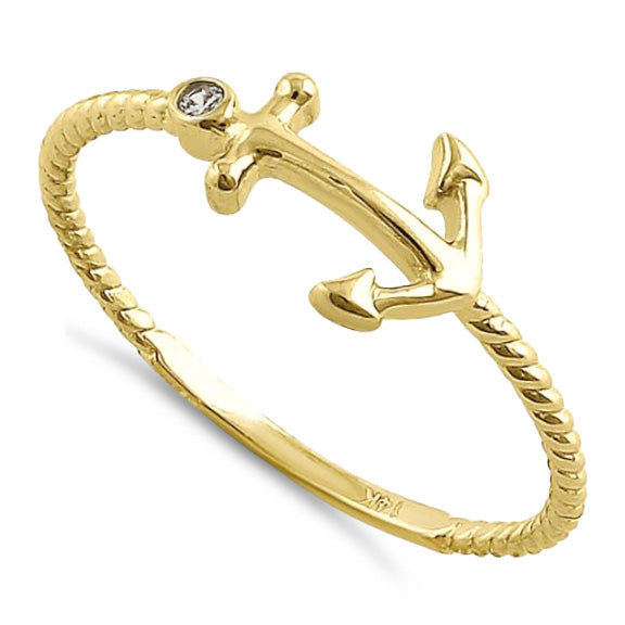 Solid 14K Yellow Gold Anchor Round CZ Ring