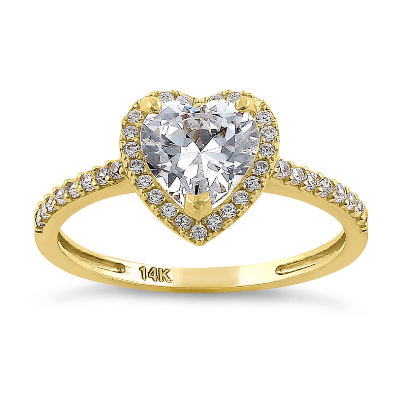 Solid 14K Yellow Gold Heart Cut Halo CZ Ring