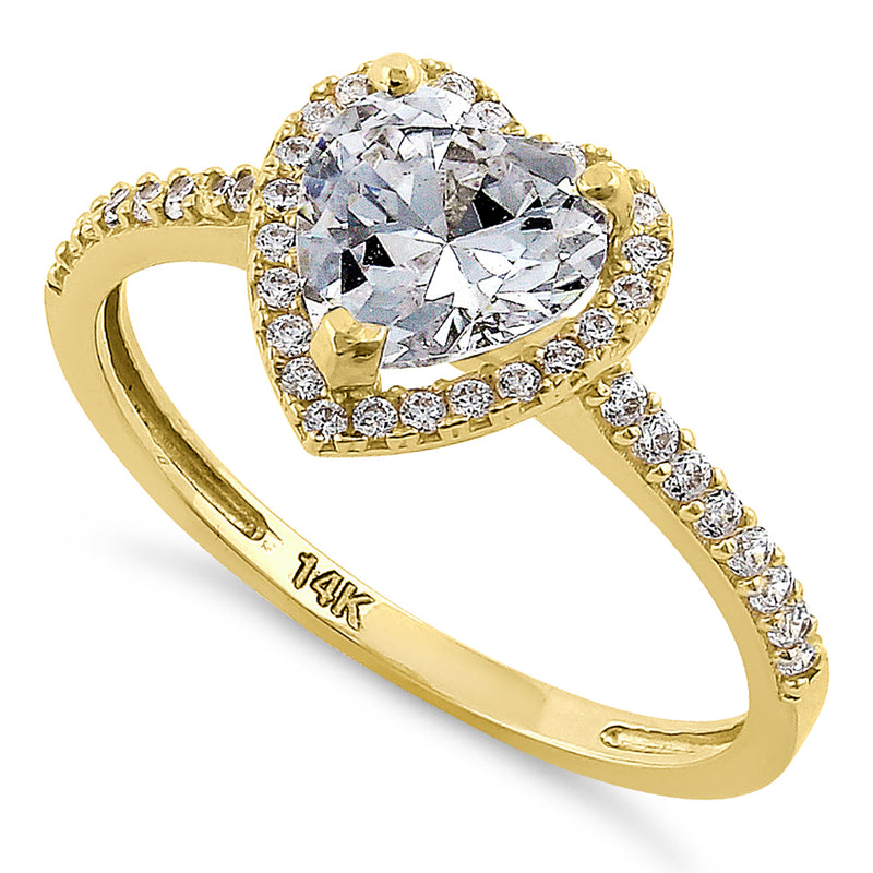 Solid 14K Yellow Gold Heart Cut Halo CZ Ring