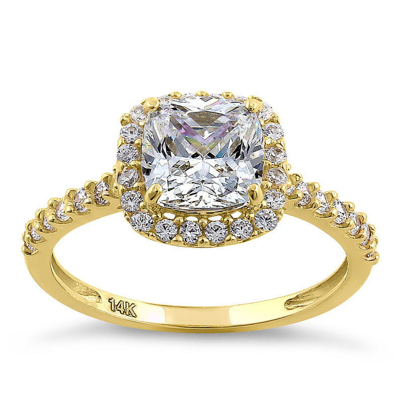 Solid 14K Yellow Gold Cushion Cut Halo CZ Engagement Ring