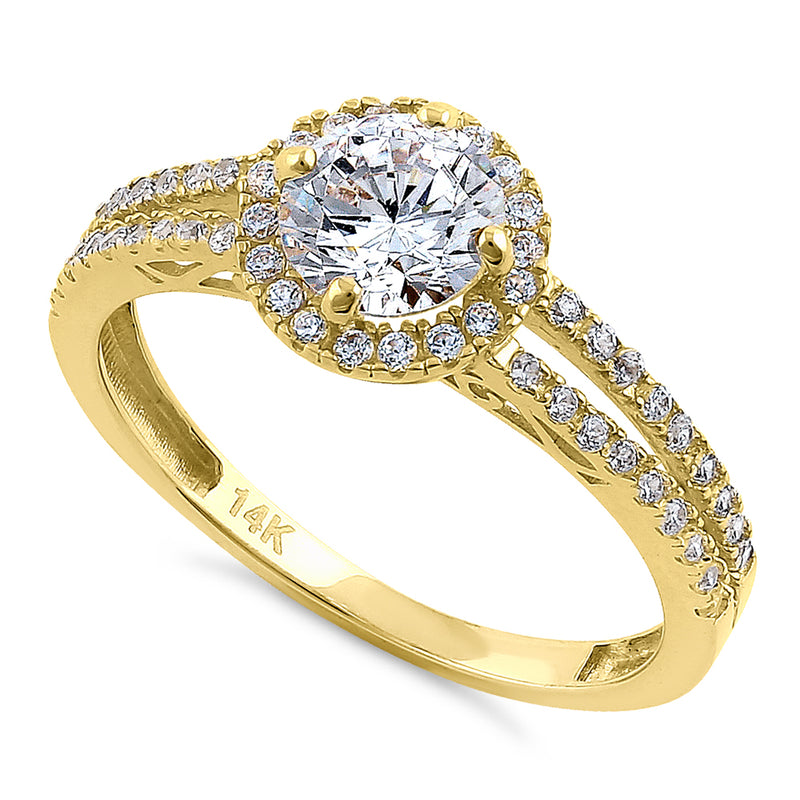 Solid 14K Yellow Gold Round Cut Halo CZ Engagement Ring