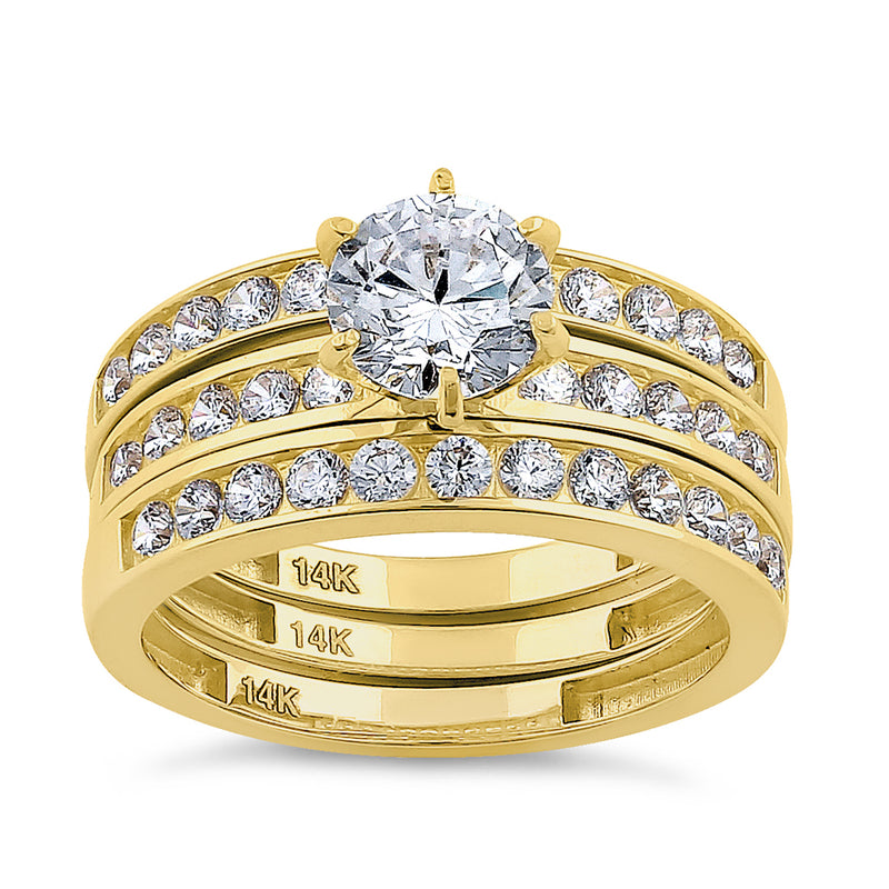 Solid 14K Yellow Gold Round Cut Triple CZ Ring Engagement Set