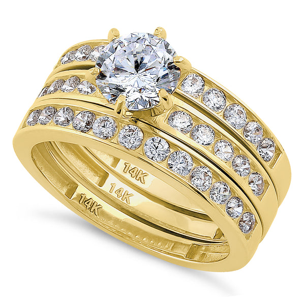 Solid 14K Yellow Gold Round Cut Triple CZ Ring Engagement Set